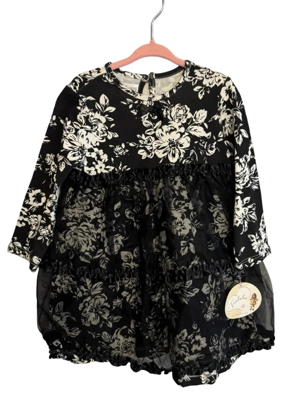 NWT Tralala Black & White Damask Tulle Tutu Dress Toddler Size 18M Long Sleeve